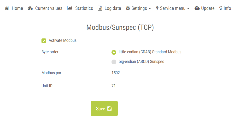 Modbus settings